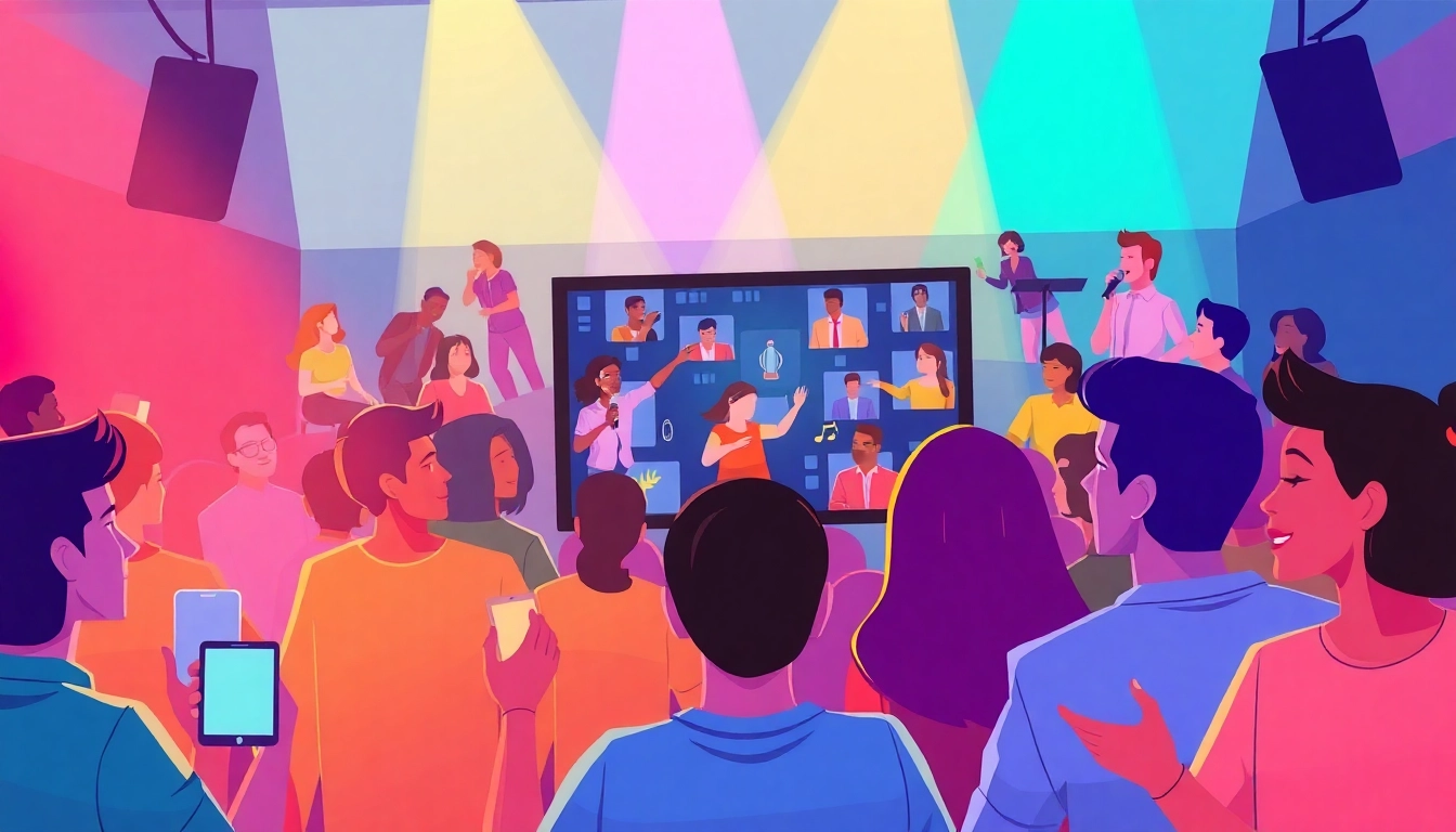 Engaging virtual audience system featuring diverse participants interacting energetically in a colorful online event.