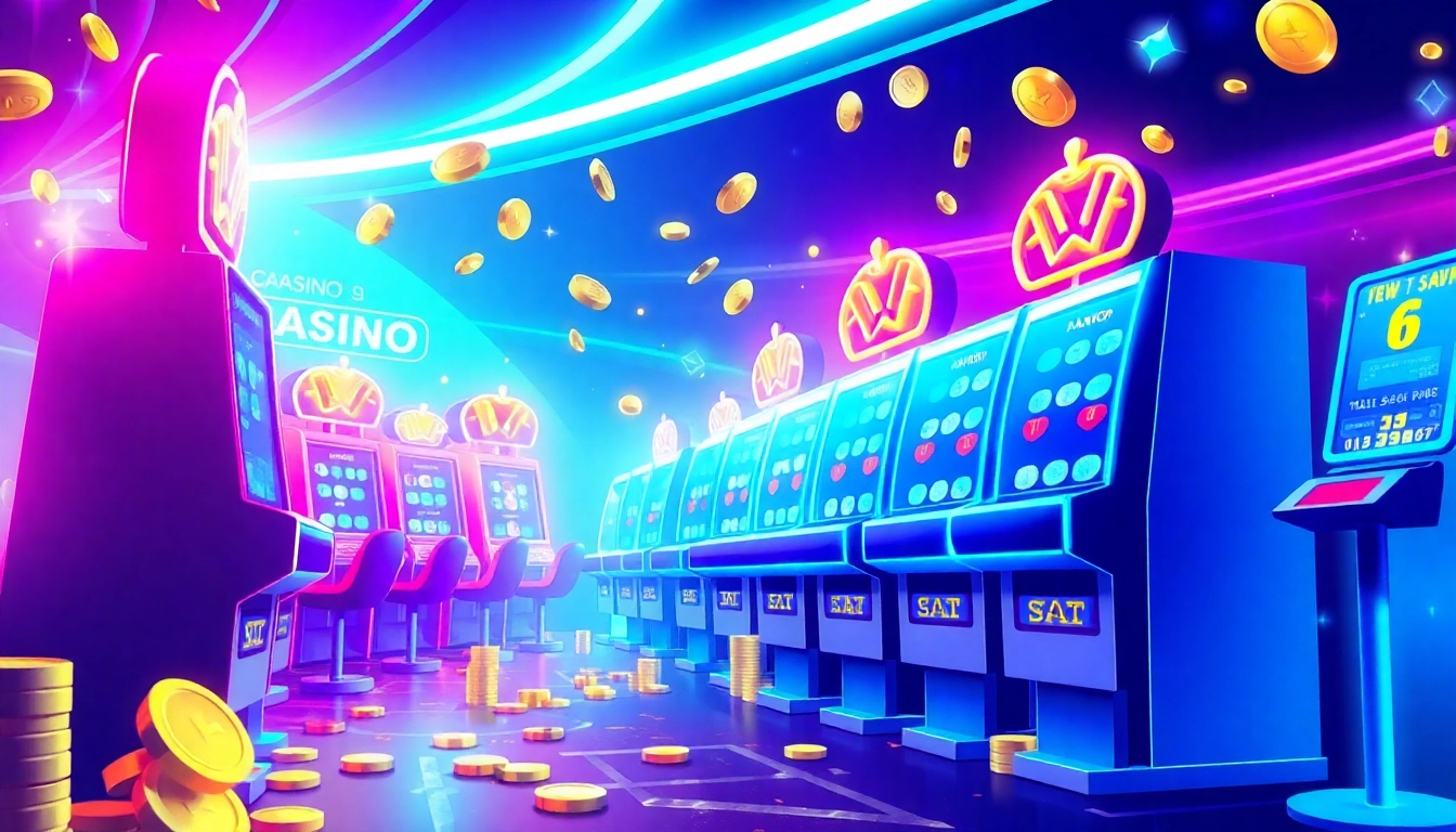 Grab exciting free spins and enjoy vibrant slot machines with colorful coins in a lively casino setting.