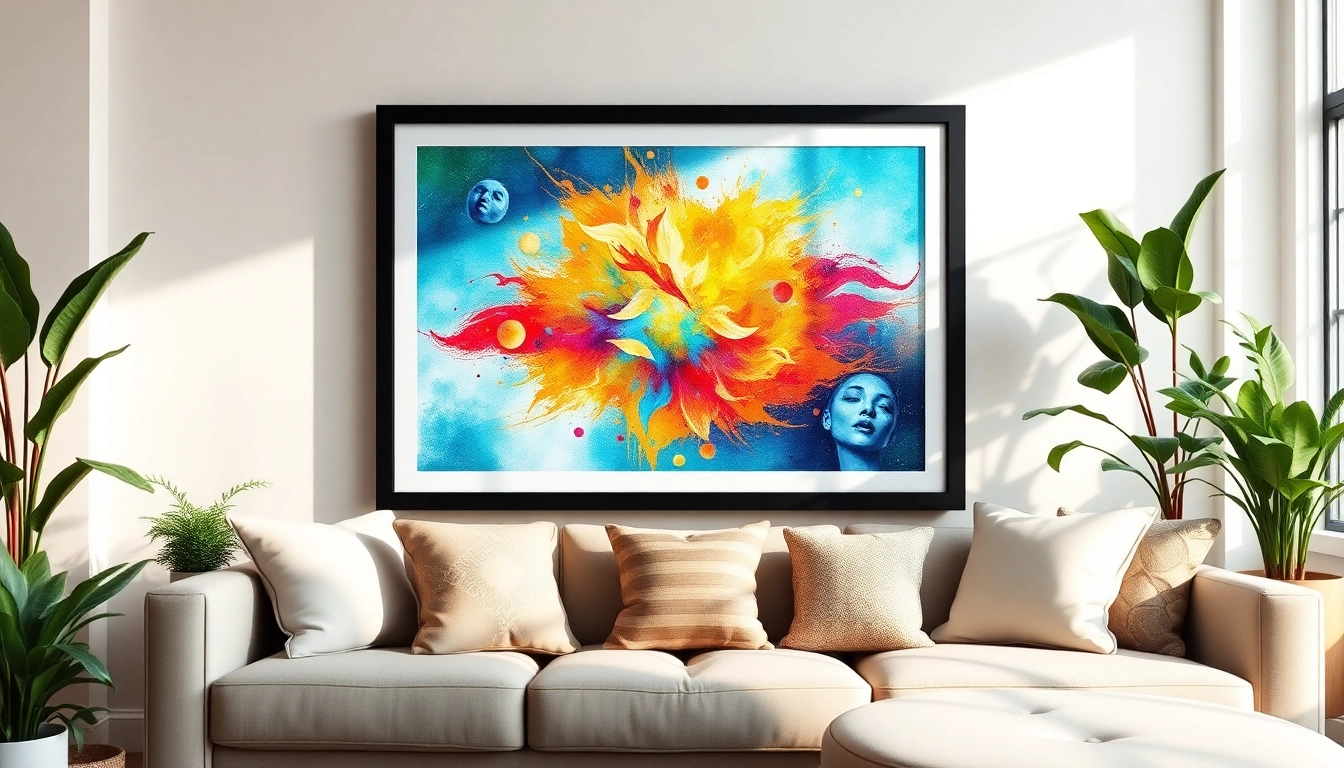 Showcase a stylish 36x48 frame featuring colorful artwork in a cozy living room setting.