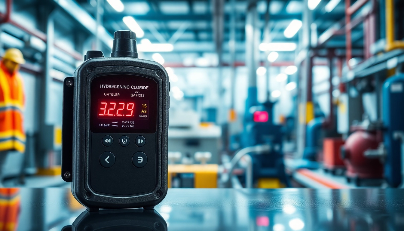 Check the readings on a Hydrogen Chloride gas detector in a high-tech industrial environment.