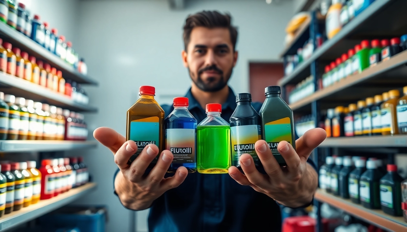 Showcasing e-fluids handled by a mechanic in a modern workshop setting.