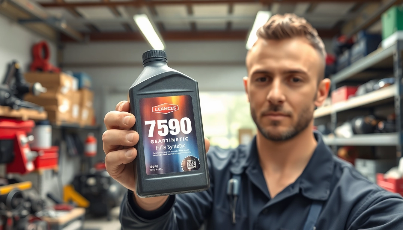 Mechanic evaluating 75w90 gear oil fully synthetic in a bright workshop, showcasing professional expertise.