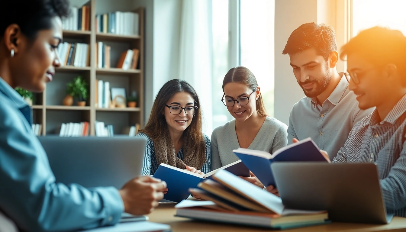 Engaged students studying online university degrees from UK in a bright home office.