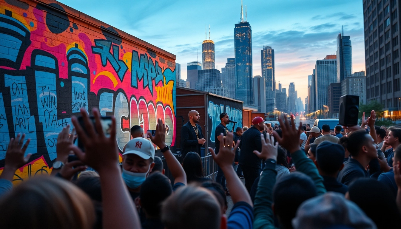 Rappers performing vibrant Chicago rap lyrics at an open mic event in front of colorful graffiti.