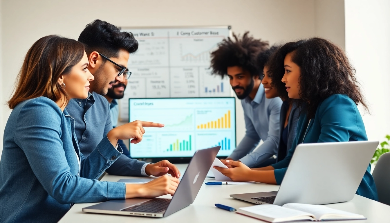 Find competitor customers by analyzing data with a diverse marketing team in a modern office.