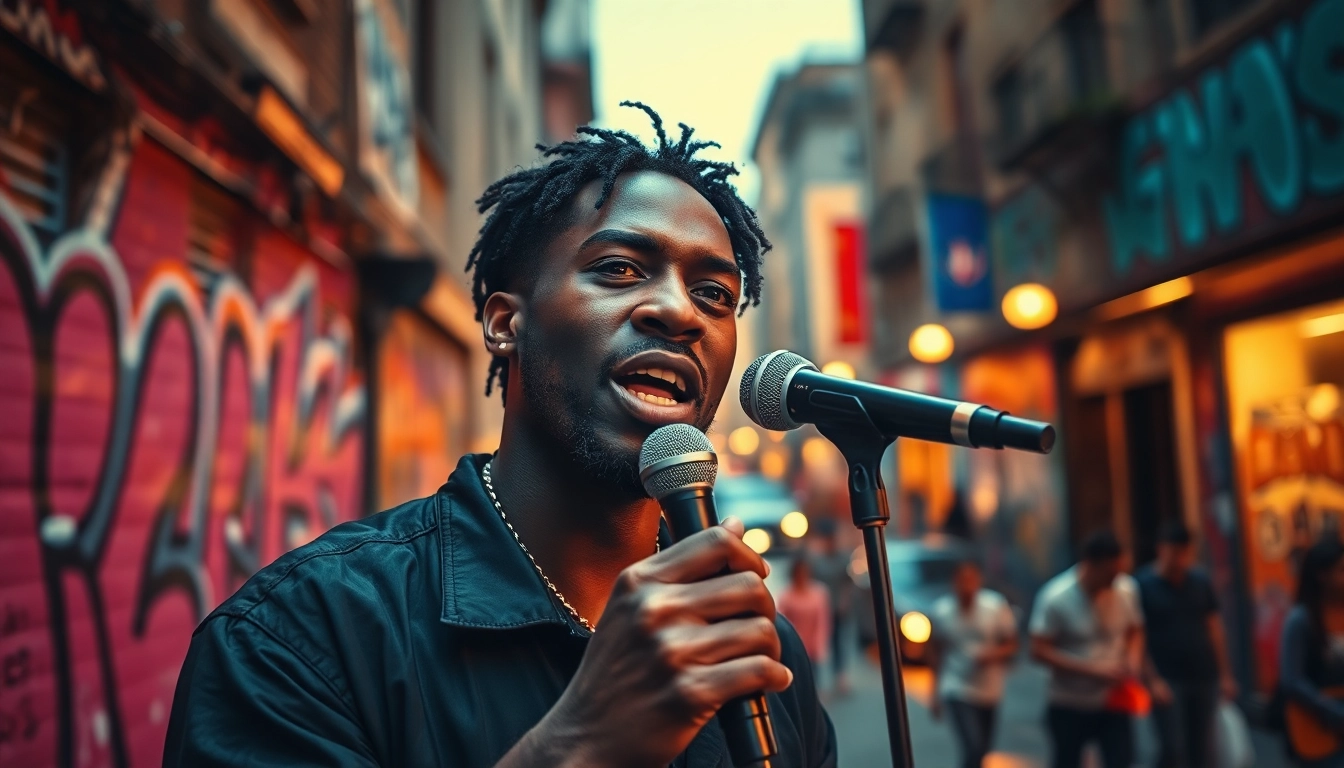 Engaging visual of a musician delivering social commentary through performance in an urban backdrop.