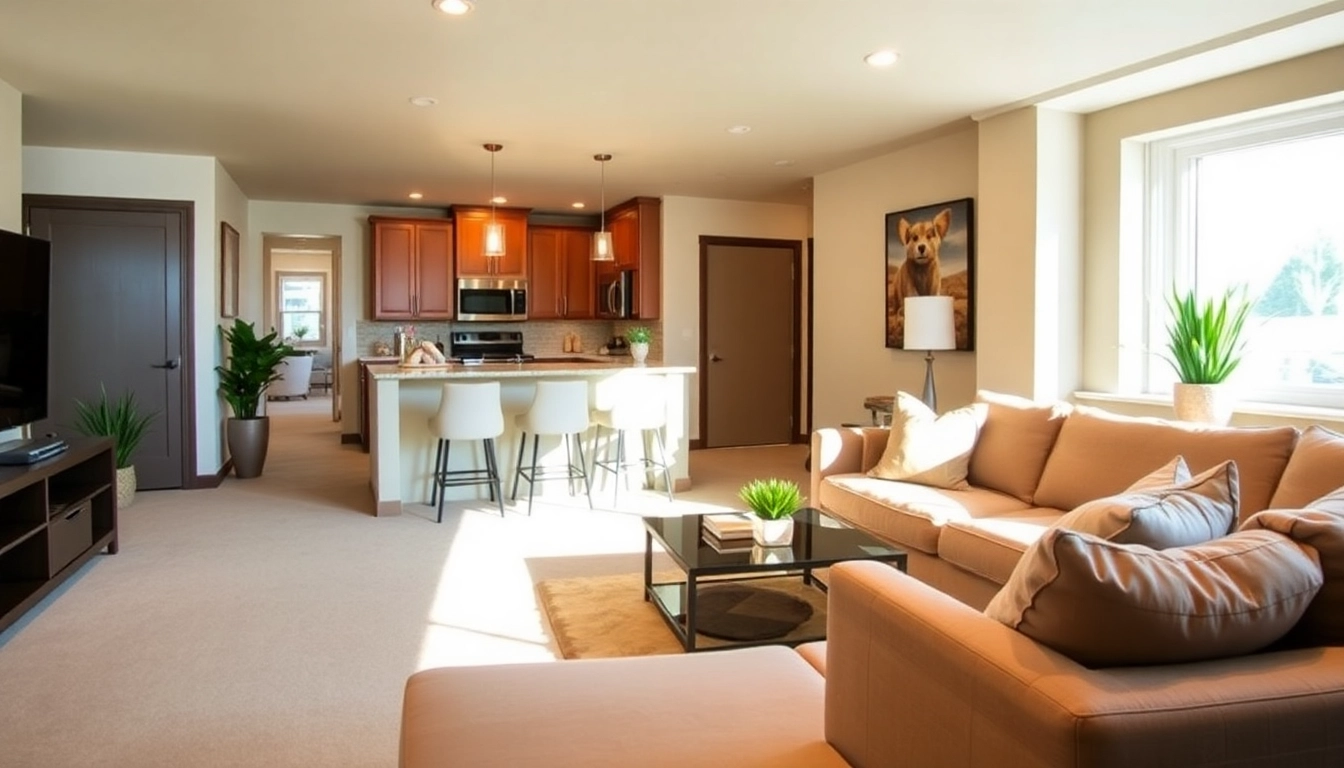 Cozy living area showcasing a basement remodel utah with modern finishes and warm lighting.