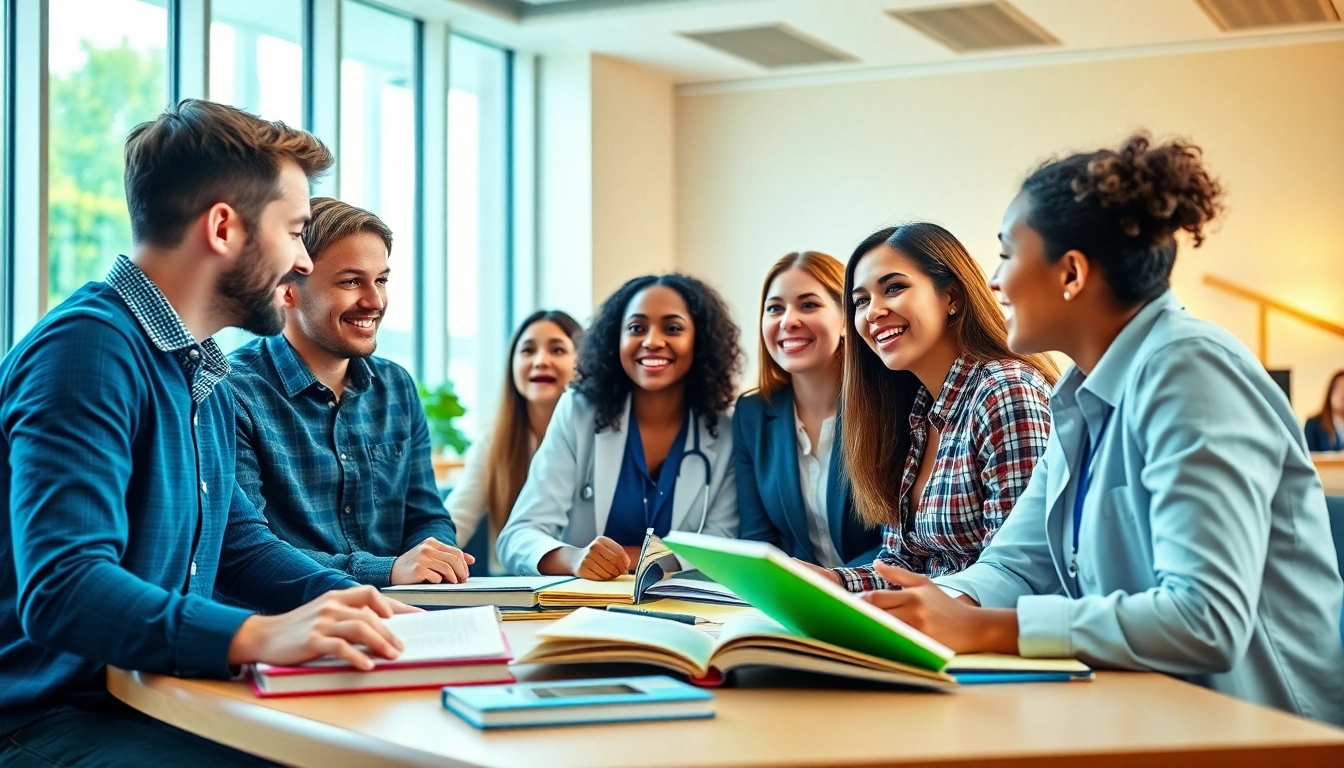 Studying Medizinstudium ohne Test together in a bright classroom setting with students.