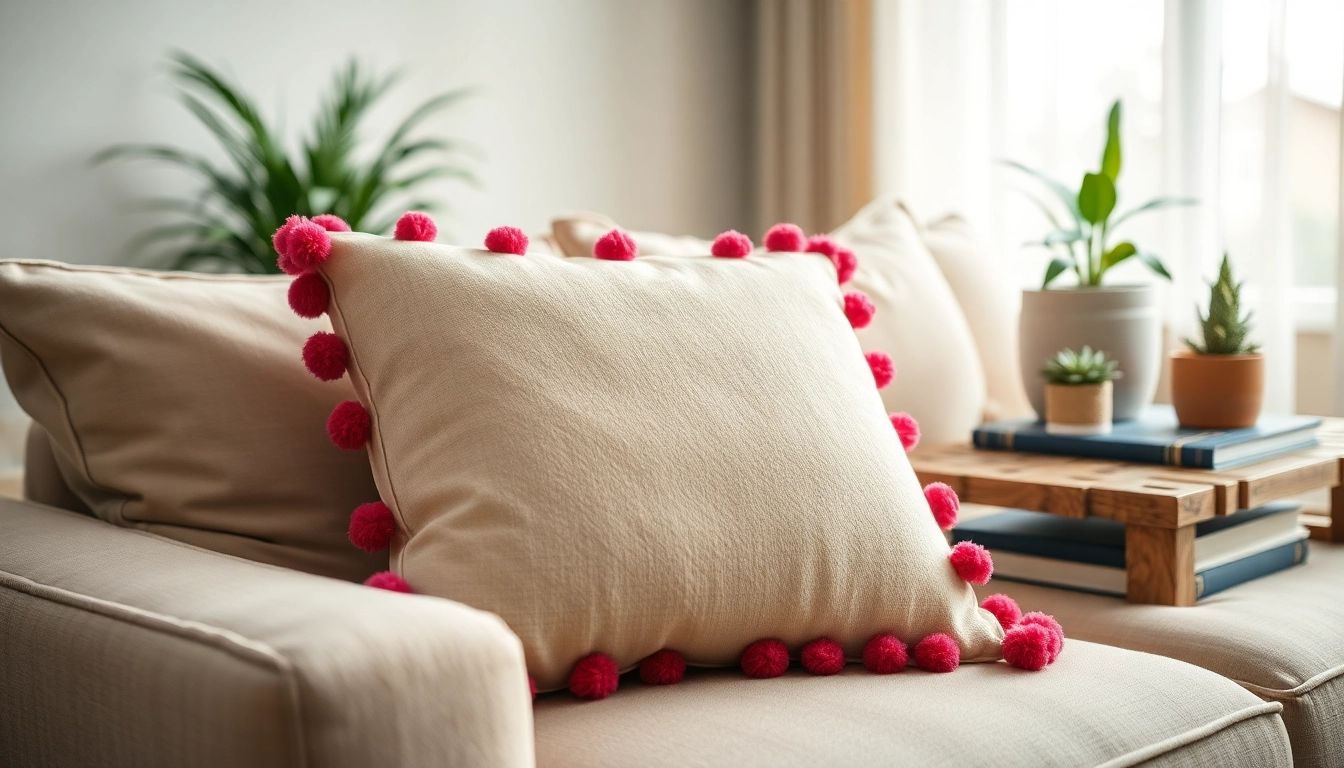 Pompom Cushion Cover on a cozy sofa, showcasing vibrant design and texture in a stylish setting.