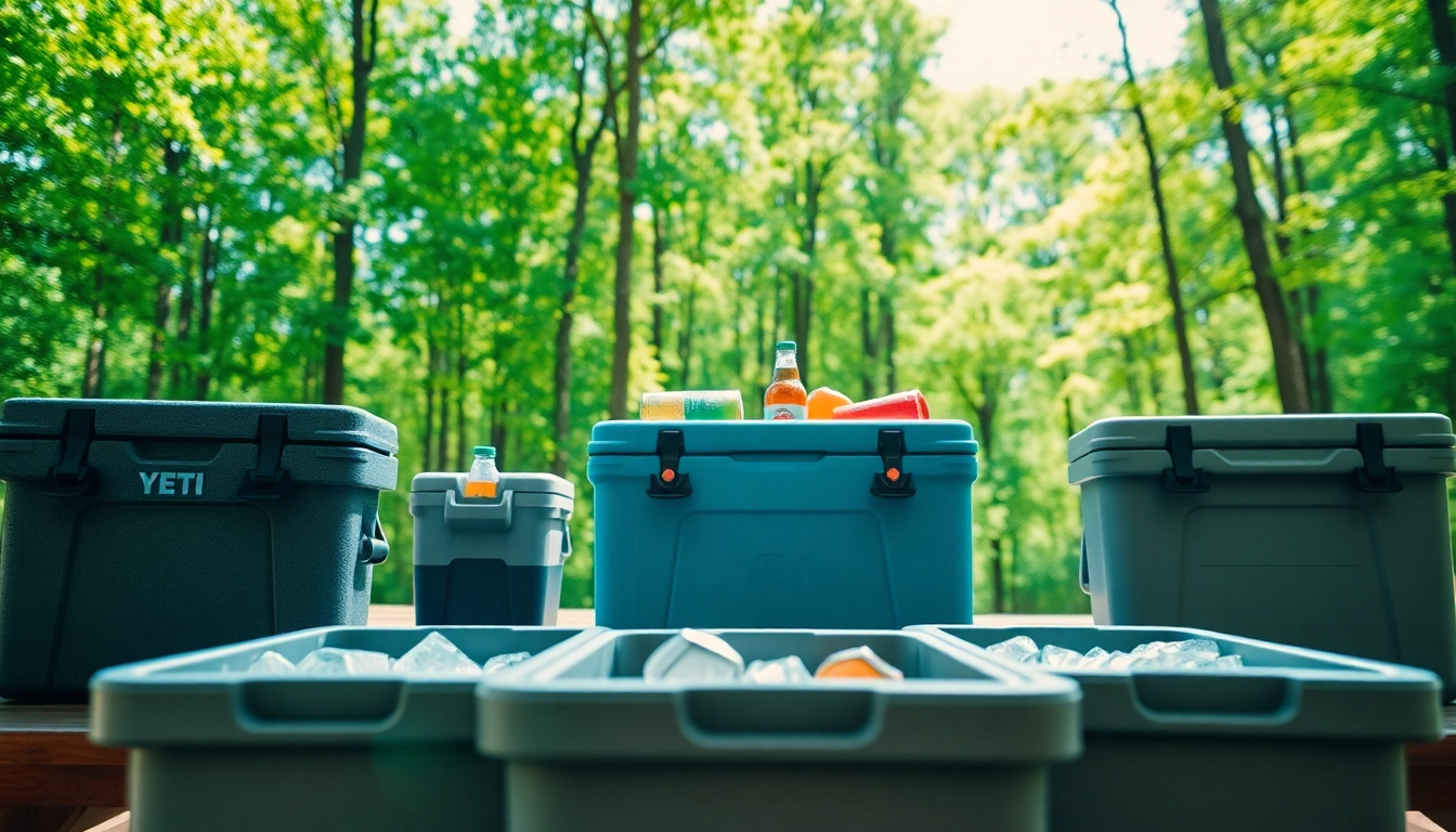 Showcasing yeti like coolers filled with ice and beverages in an outdoor picnic setting.