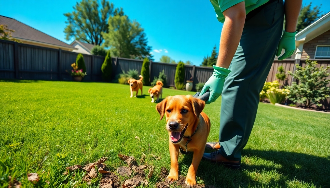 Dog clean up service professional thoroughly cleaning a yard while dogs play in the background.