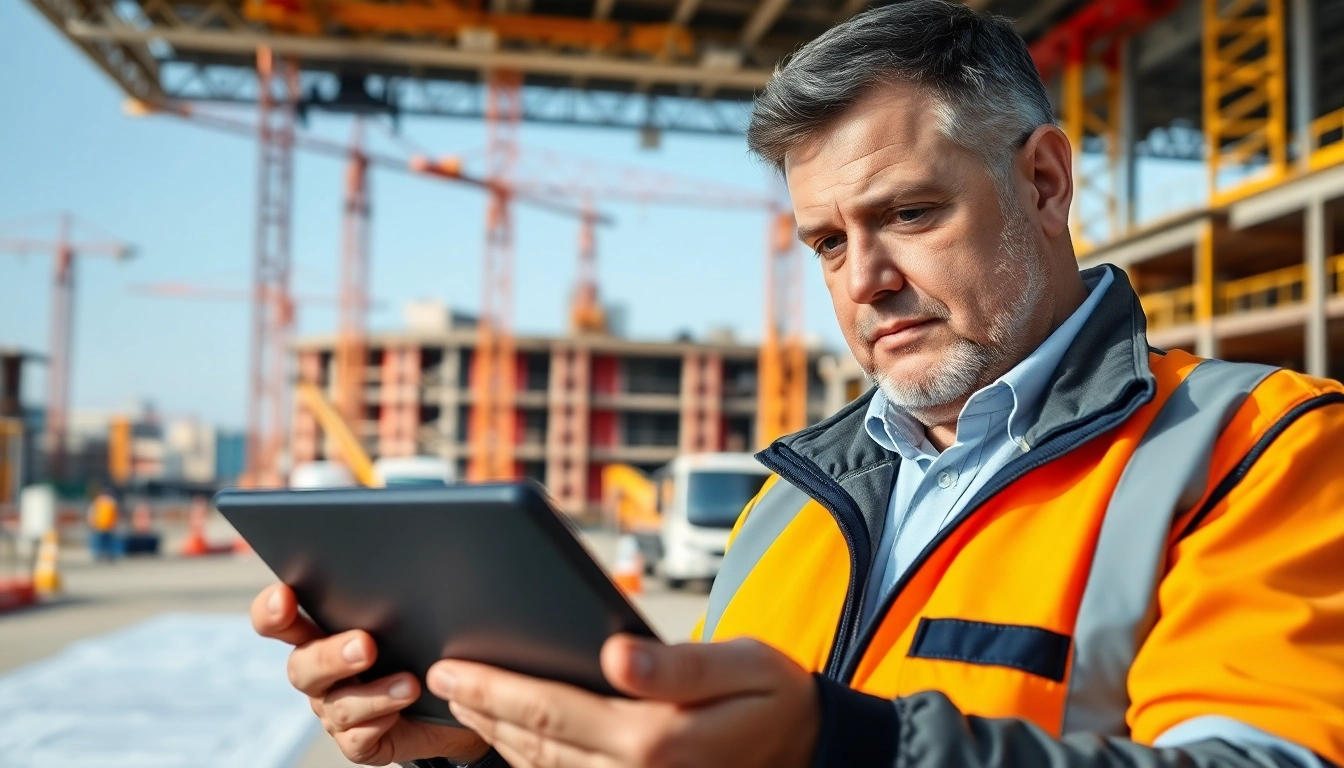 Reviewing NVQ Level 6 construction site management answers with detailed plans and safety gear.