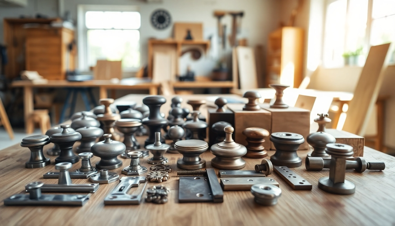 Showcase of furniture hardware suppliers displaying various knobs and pulls in a workshop.