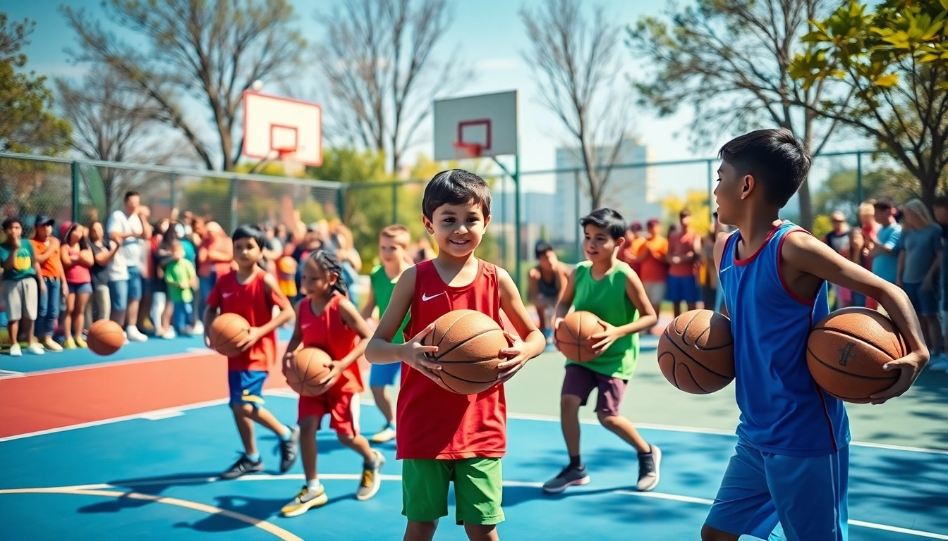 Young basketball enthusiasts showcase their skills on an outdoor court amidst cheering spectators.