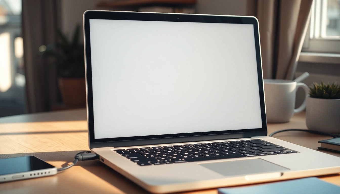Download the LINE電腦版下載 app interface displayed on a sleek laptop on a stylish desk.