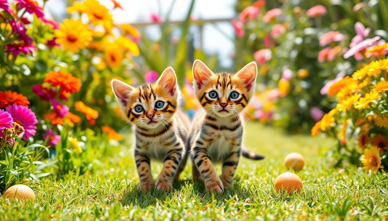 Playful Bengal Kittens for Sale in a garden, showcasing their beautiful coat patterns.