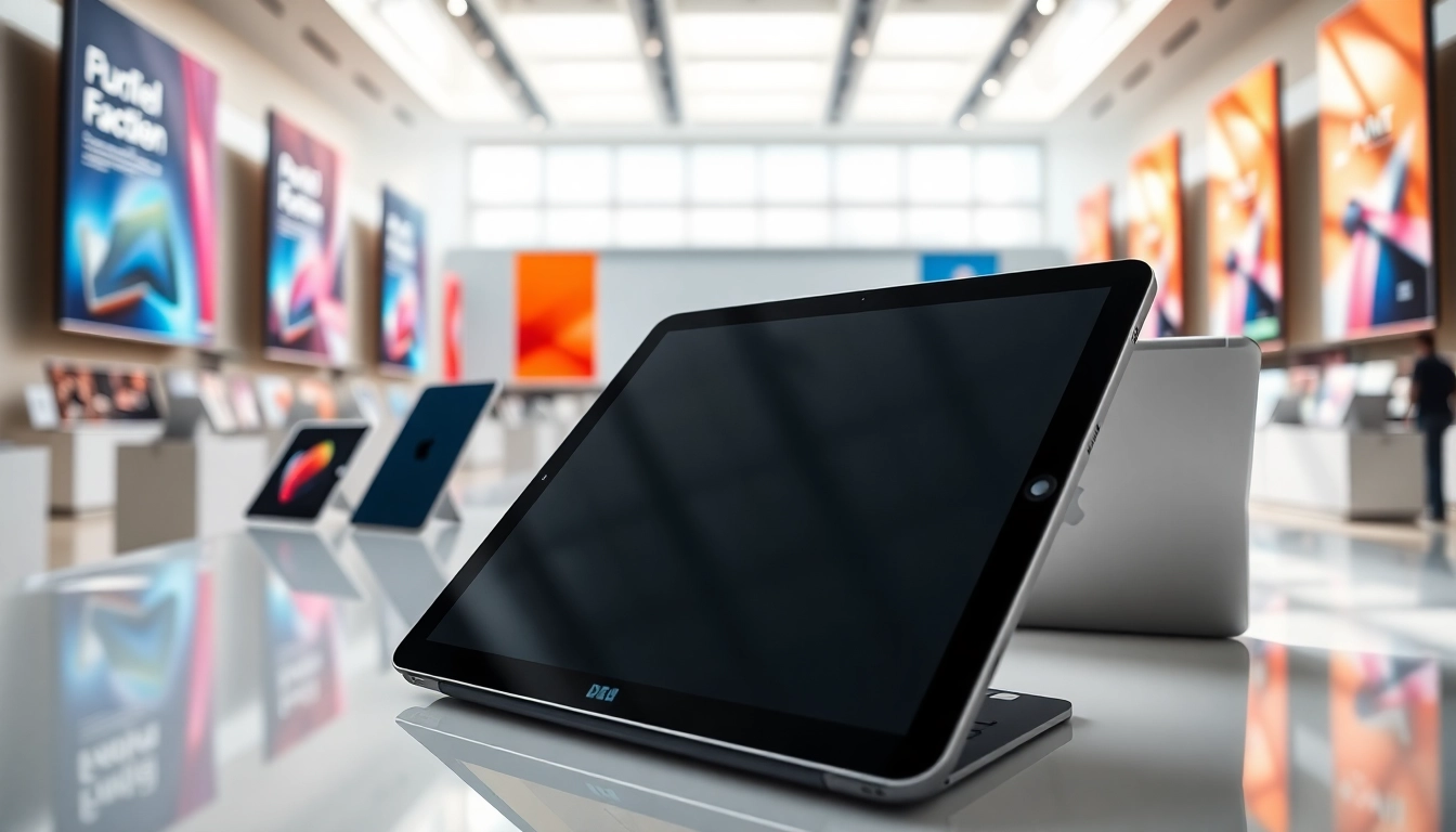 Buy iPad with various models expertly displayed in a modern retail environment.