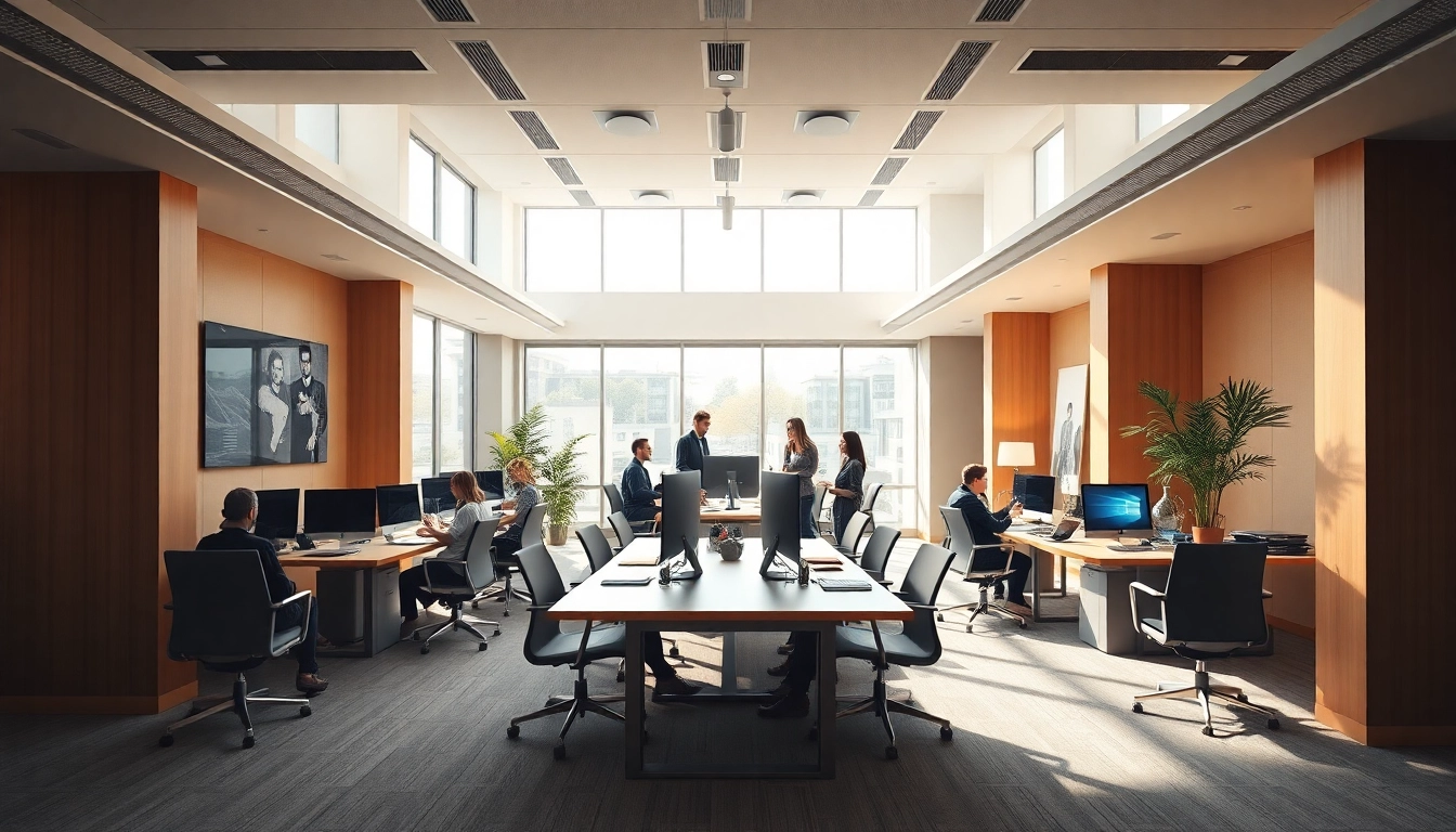Engaged team members discussing features of 美洽官网 in a contemporary office setting.