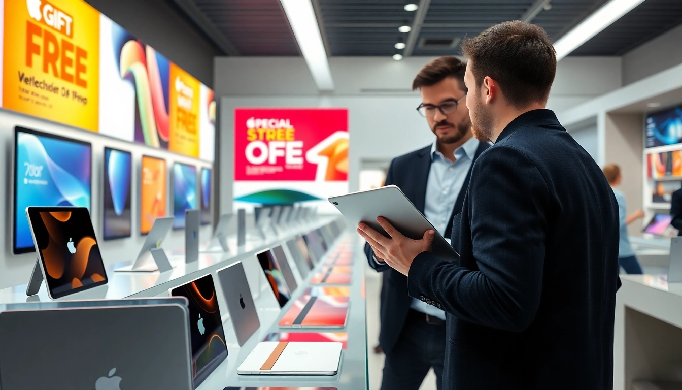 Shop and buy iPad models in a modern electronics store, featuring customer interaction.