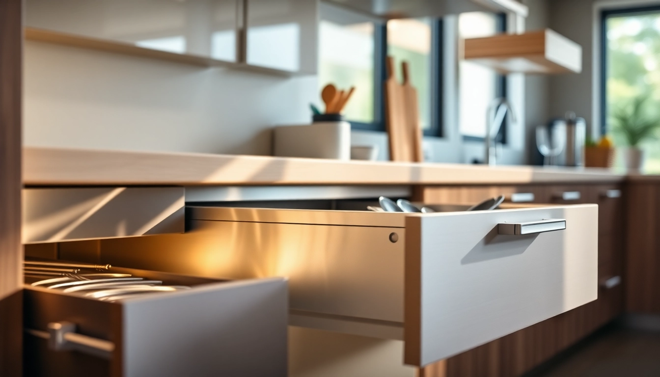 Showcasing a Metal Drawer System in an elegant kitchen, highlighting its sleek design and functionality.