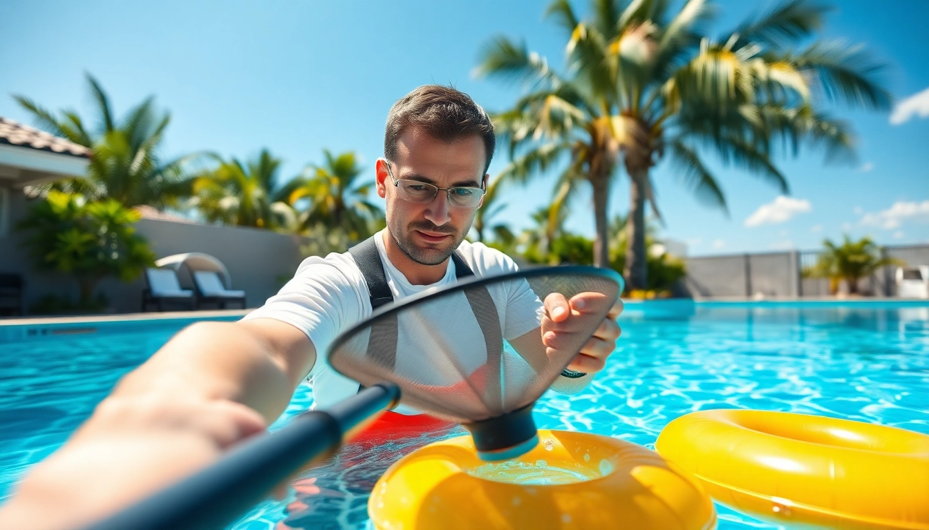 Expert swimming pool service Pinellas County technician meticulously cleaning a residential pool.