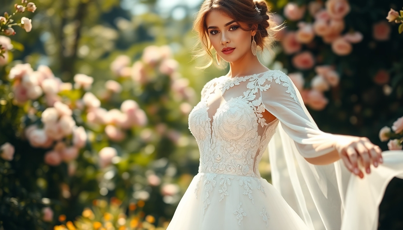 Stunning beaded wedding dresses showcased by a stylish bride in a lush garden.