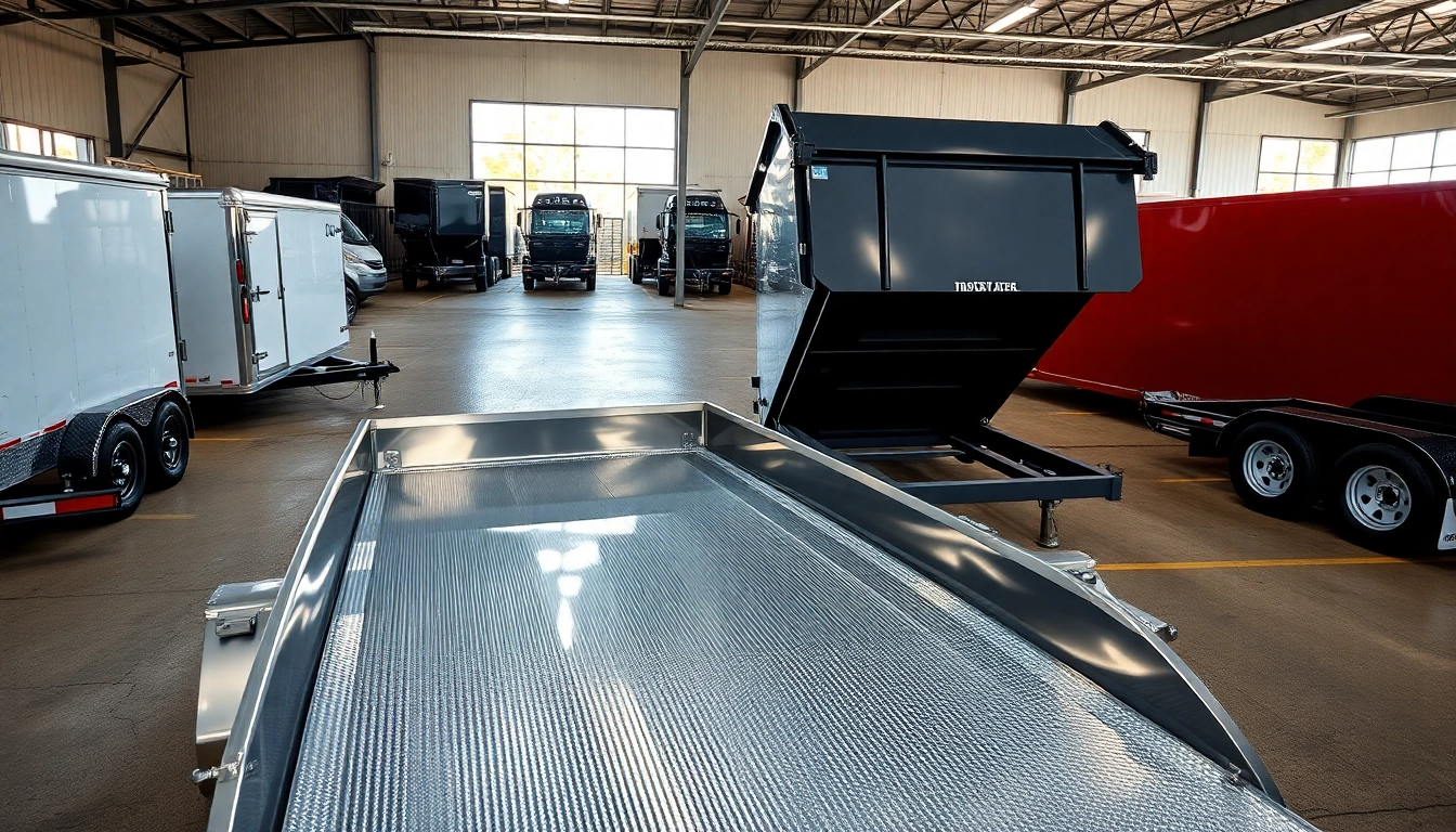 Explore dumpster trailers for sale featuring a variety of sizes and models in a bright dealership.