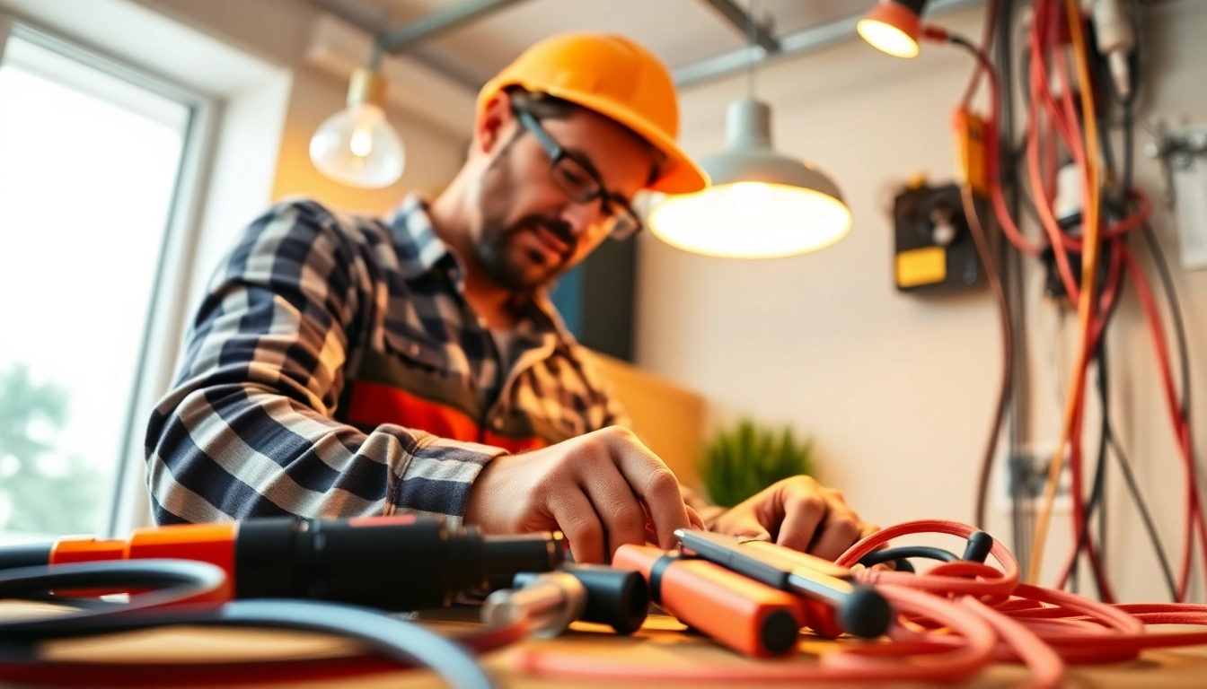 Electrician Clearwater performing residential electrical work with specialized tools in a bright, organized setting.