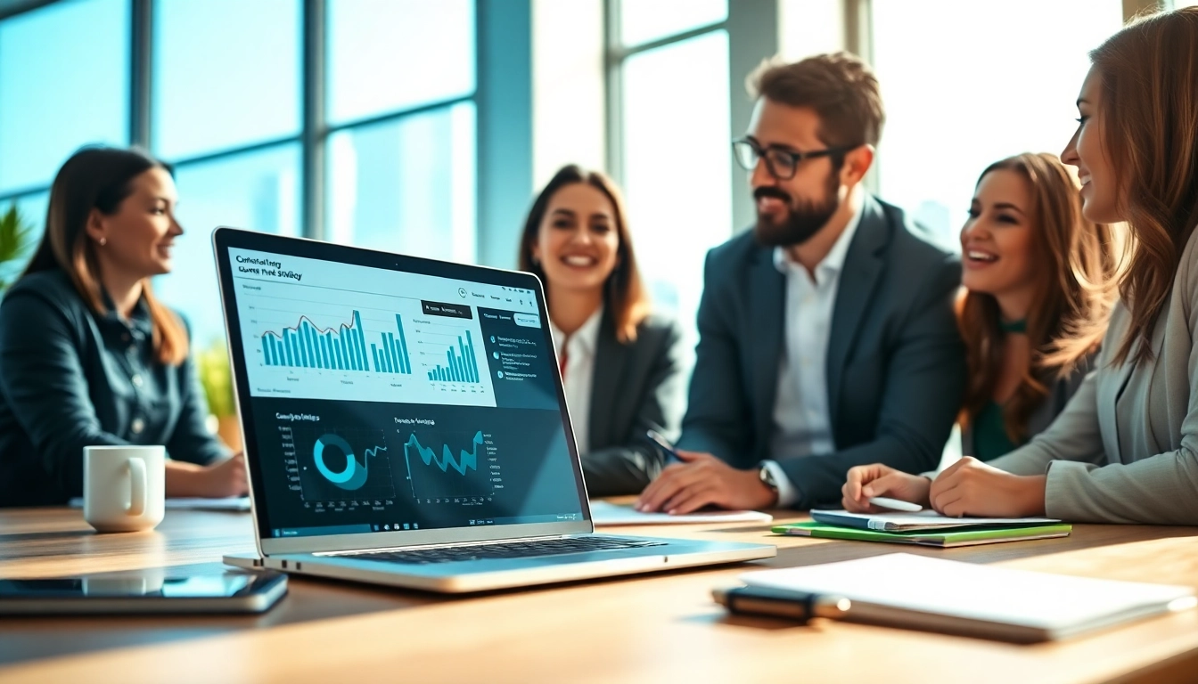 Showcasing a marketing team using an AI content marketing platform to enhance their strategies and productivity.