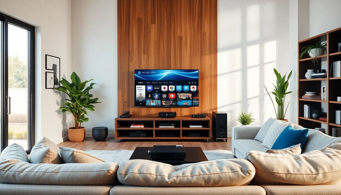 Comprar IPTV en un ambiente moderno con un televisor elegante y dispositivos de streaming.