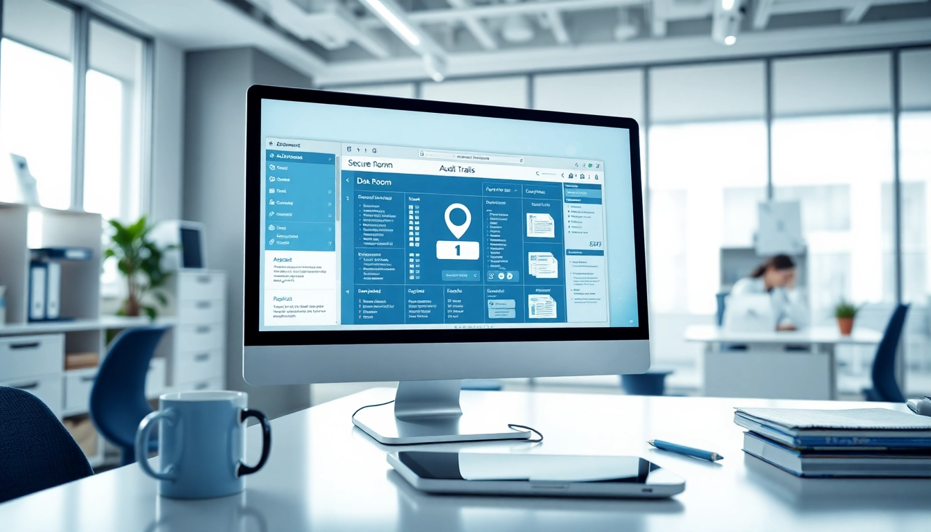 Datenraum-Anzeige in einem modernen Büro mit digitalen Dokumenten und Sicherheitsprotokollen.