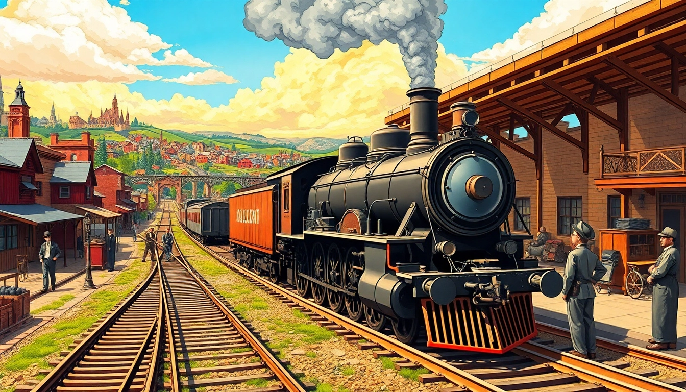 Experience railroad tycoon free download with a lively 19th-century railroad scene, featuring a steam locomotive and busy workers.