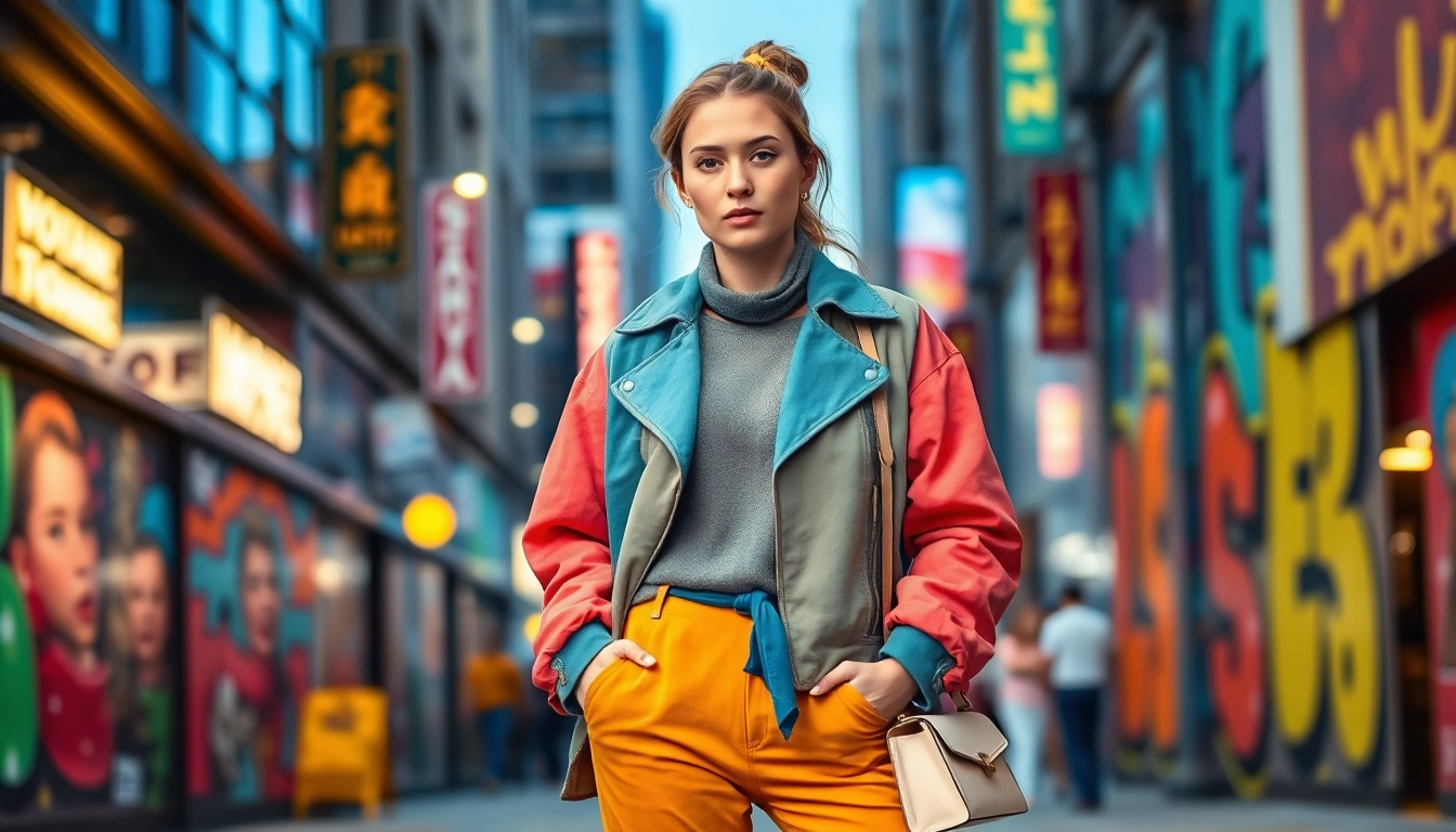 Model showcasing trendy apparel in north fashion amidst city street art.