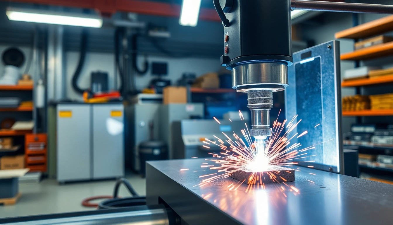 Laser welding machine in action, welding metal parts with precision sparks in a modern workshop.