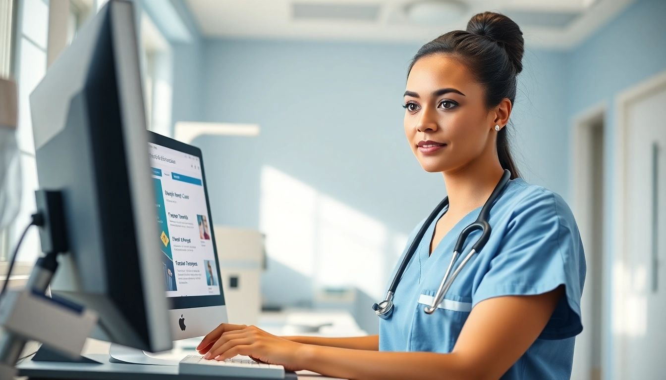 Engaged nurse browsing nursing ceus online in a bright hospital environment.