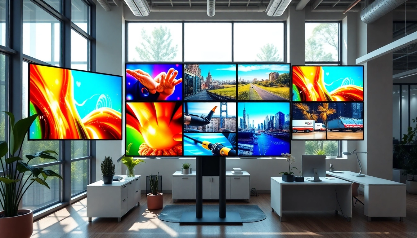 Engaging display of Multi-screen digital signage management in a modern office environment featuring vibrant visuals.