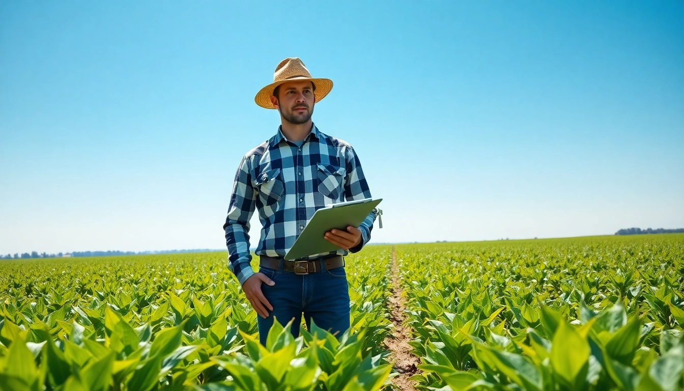 Engaging professional farmer examining crops about agriculture law practices in a vibrant field.
