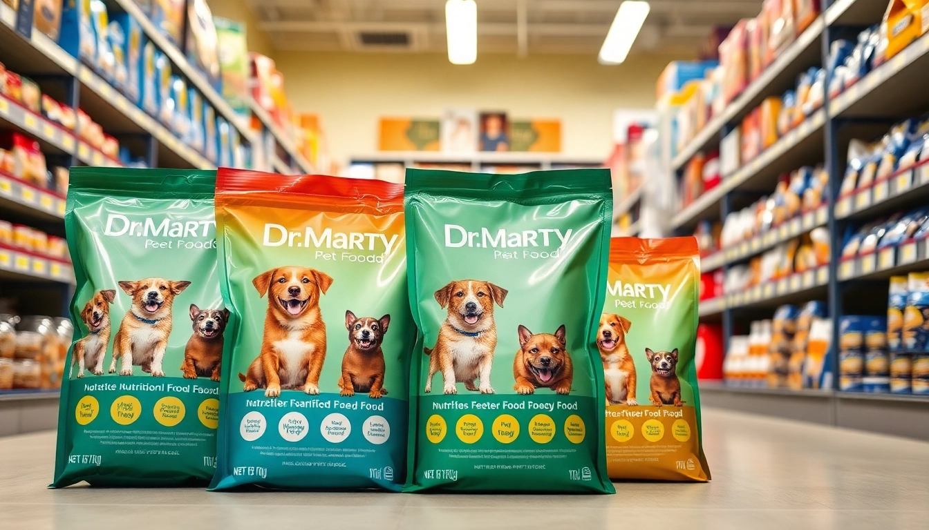 Showcase of dr marty pet food canada in a vibrant pet store aisle featuring colorful packaging.