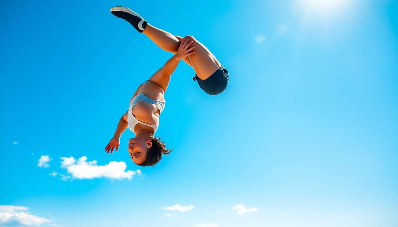 Gainer hareketini yaparken yüksekten havada uçan sporcu.