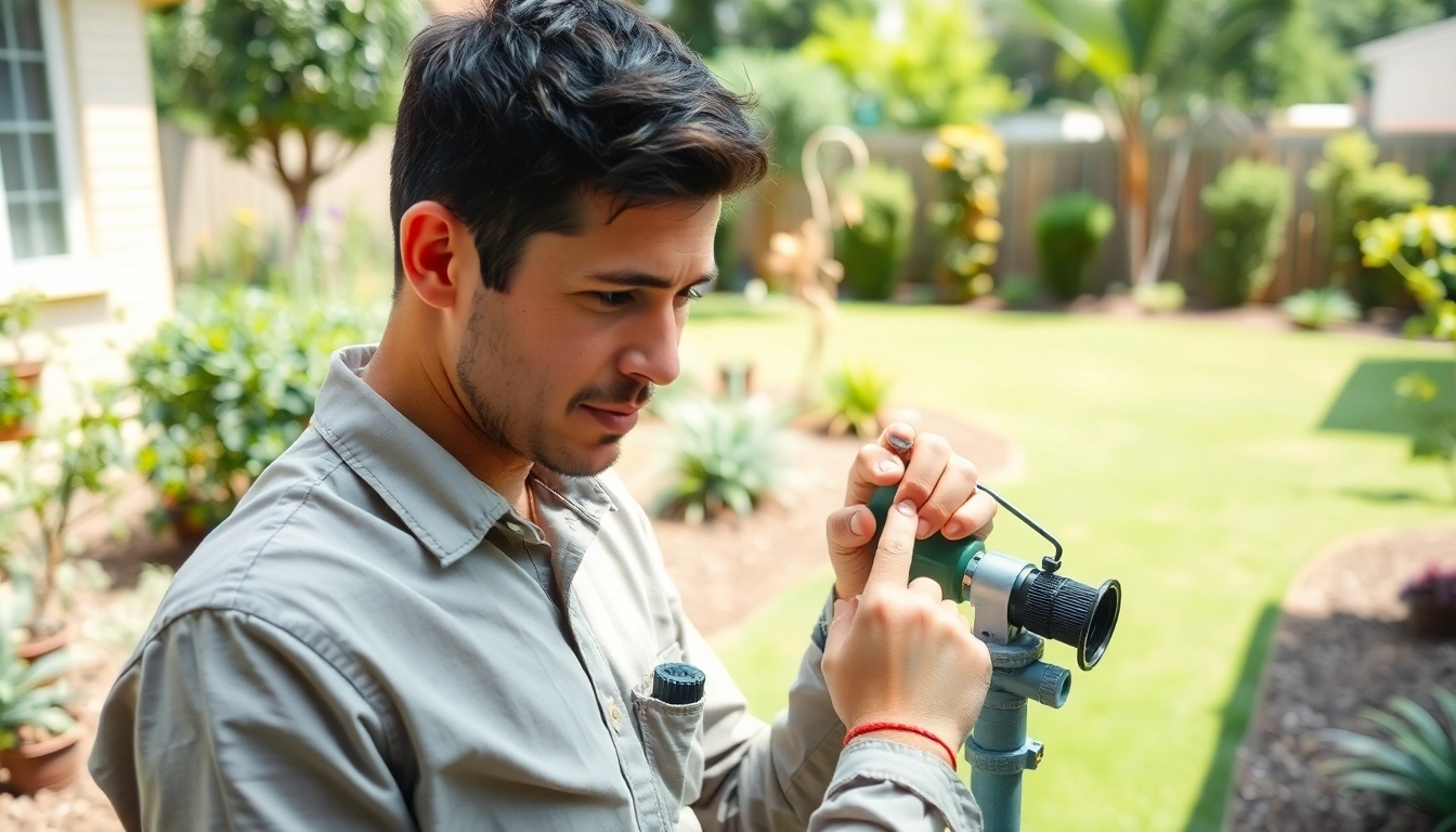 Technician conducting termite reticulation system refills in a pristine suburban yard.