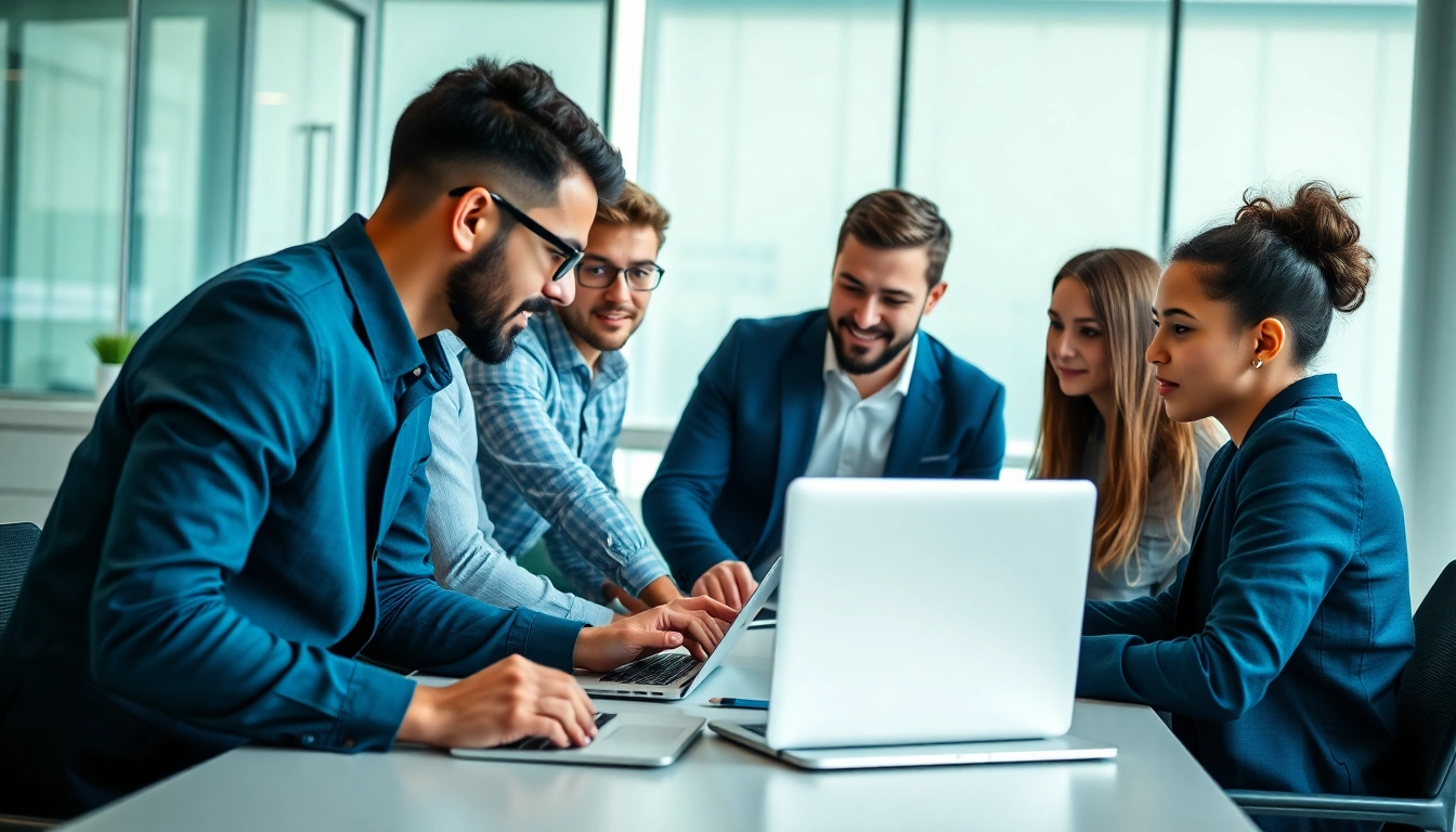 Collaborative scene of web development professionals working in a modern office.
