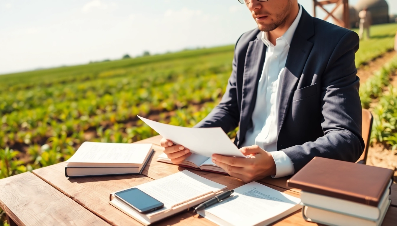 Lawyer reviewing agriculture law documents in a serene field setting