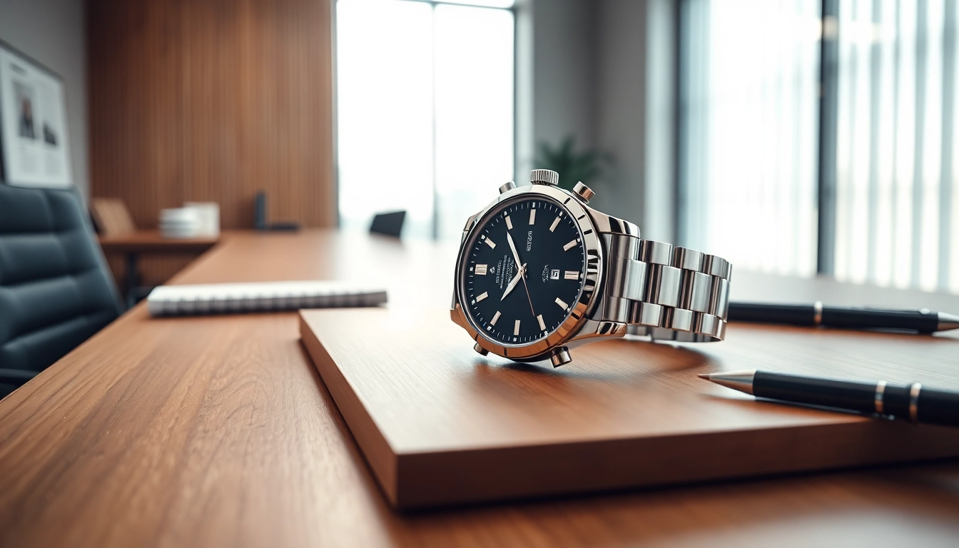 Herren Armbanduhr, stilvolle Armbanduhr auf einem eleganten Holztisch präsentieren.