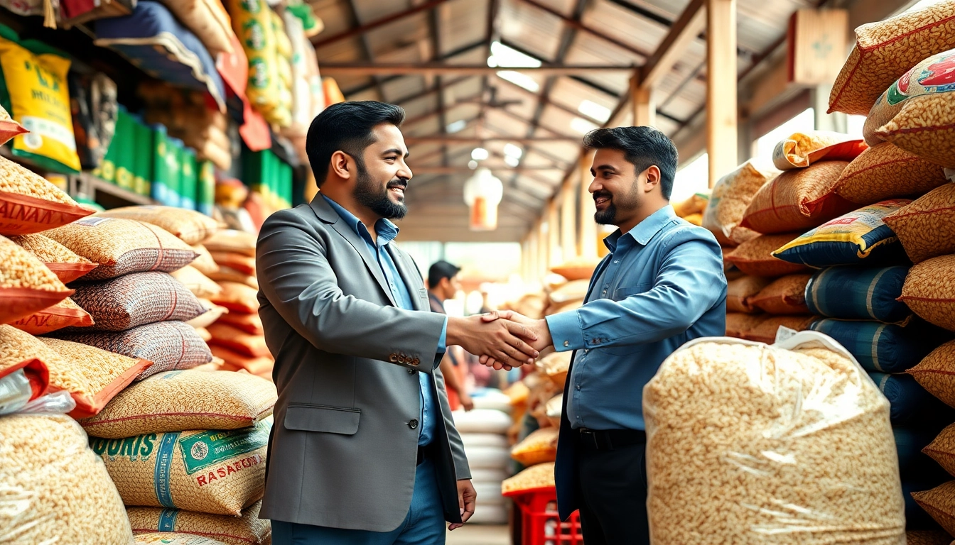 Rice importers engaging in trade with various rice types, emphasizing commerce and diversity.