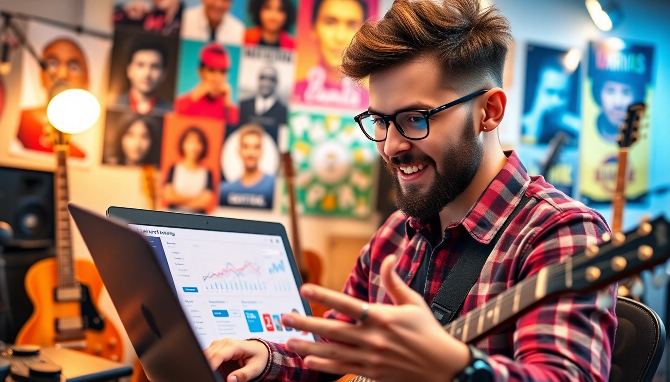 Engaging musician utilizing music promotion services to analyze digital marketing strategies.
