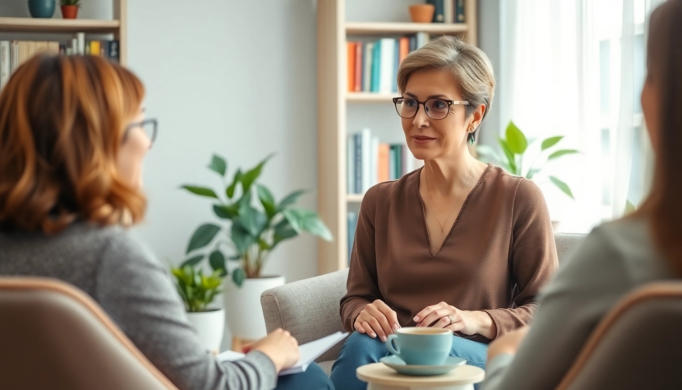 Engaging attachment theory coach supporting a client in a calming environment, fostering personal growth.