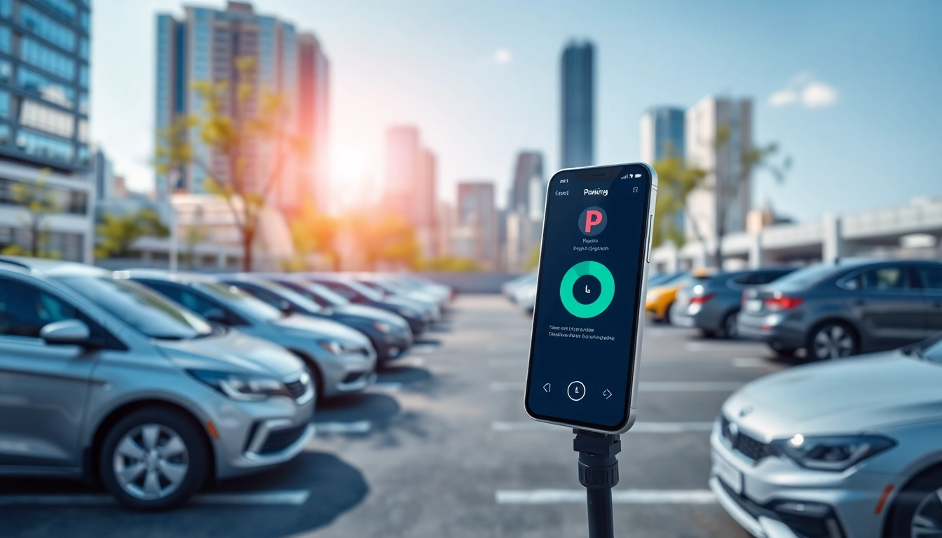 Manage vrr parking with a modern app in a bright urban setting, showcasing seamless technology.