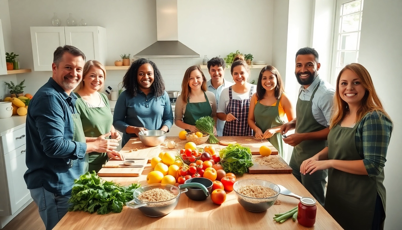 Group preparing healthy meals representing best dieting choices in a vibrant kitchen.