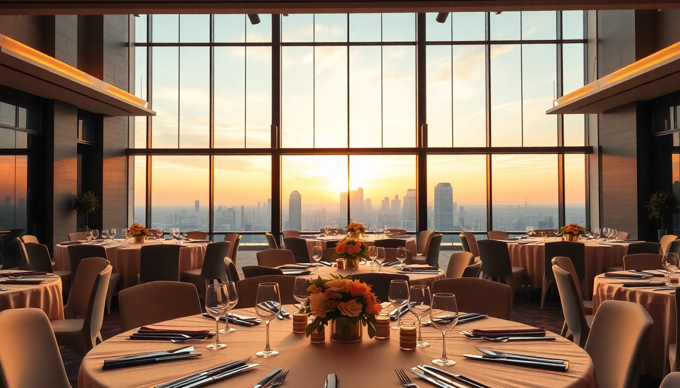 Set up of an elegant event space decorated for a corporate gathering with tables and warm lighting.