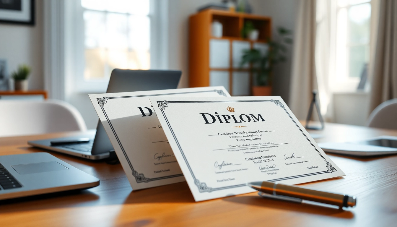 Buy diploma with high-quality authenticity showcased on a professional desk setting.